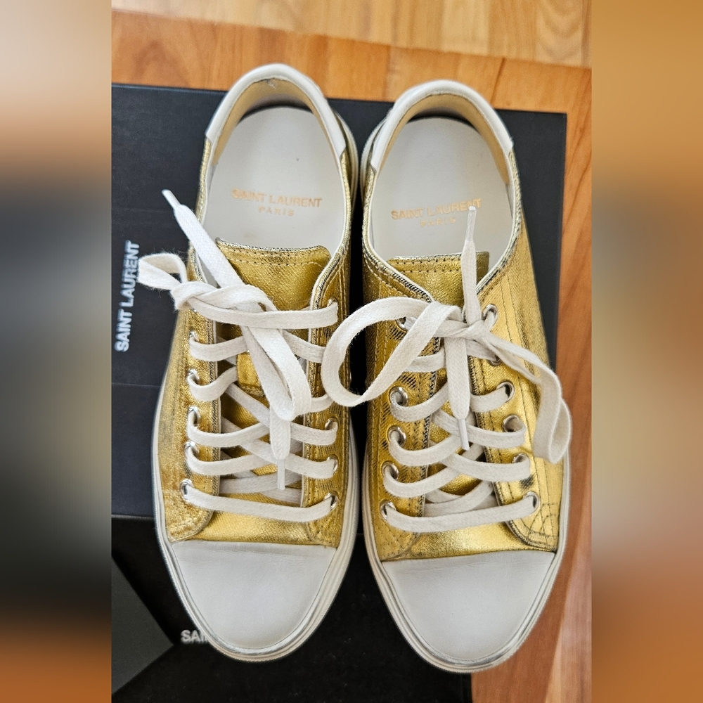 Saint Laurent Sz 35 Bedford Low Top Distressed Metallic Gold Canvas Sneakers